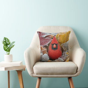Red Cardinal Bird in Frosty Autumn Leaves Throw Pillow