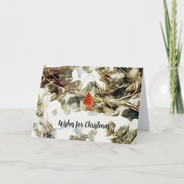 Red Cardinal Bird in Snow Branches Art Christmas Card (Front)