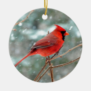Red Cardinal Bird in Snow Winter Ceramic Ornament