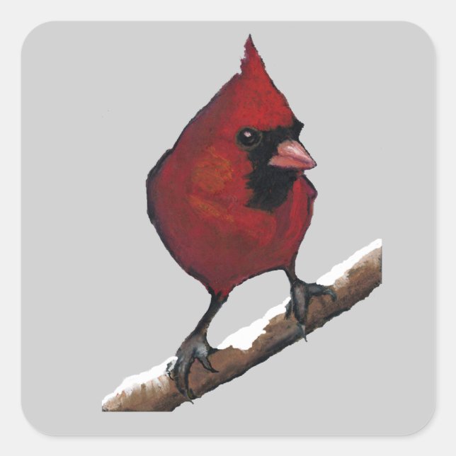 Red Cardinal: Bird: Oil Pastel Artwork Square Sticker (Front)
