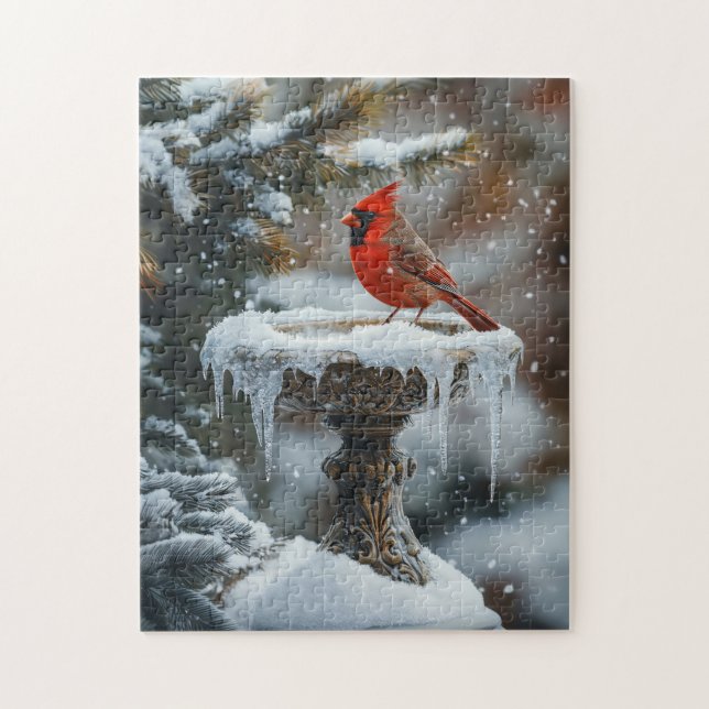 Red Cardinal Bird on a Frozen Birdbath Art Jigsaw Puzzle (Vertical)