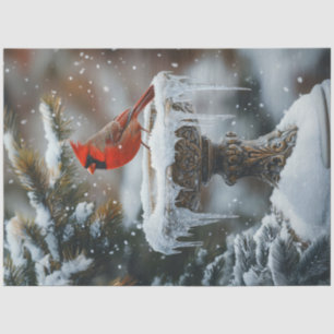 Red Cardinal Bird on a Frozen Birdbath Decoupage Tissue Paper