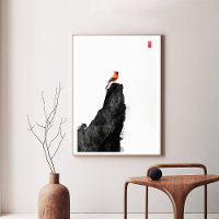 Red Cardinal Bird on Ink Wash Rock - Zen Art Canva