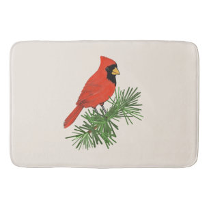 Red Cardinal Bird on Pine Tree Bath Mat