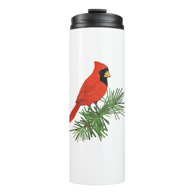 Red Cardinal Bird on Pine Tree Thermal Tumbler (Front)