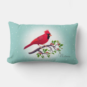 Red Cardinal Bird on Teal Lumbar Pillow