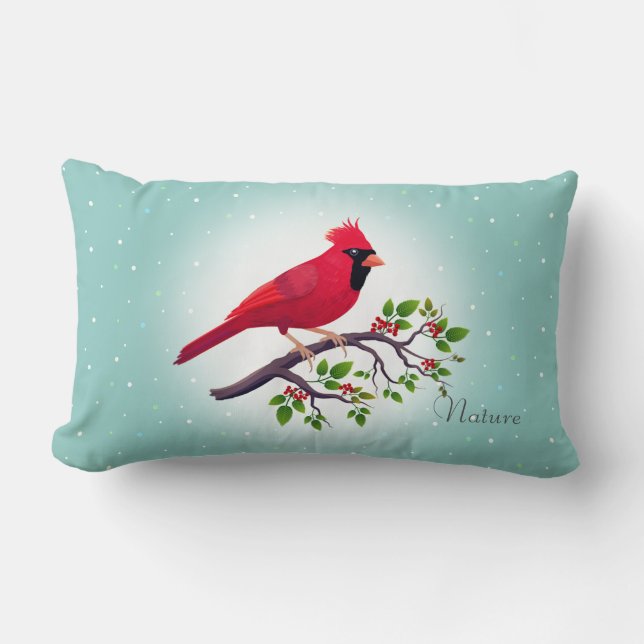 Red Cardinal Bird on Teal Lumbar Pillow (Front)