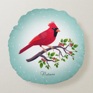 Red Cardinal Bird on Teal Round Pillow