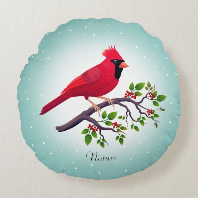 Red Cardinal Bird on Teal Round Pillow (Front)
