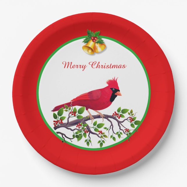 Red Cardinal Bird on Tree Branch Paper Plate (Front)