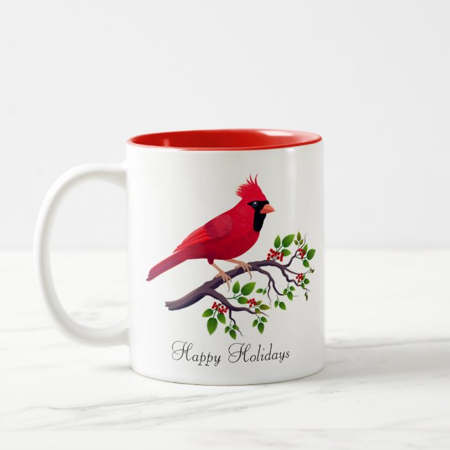 Red Cardinal Bird on Tree Branch Two-Tone Coffee M Two-Tone Coffee Mug (Left)