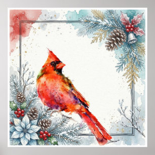 Red Cardinal Bird Pointsettia Winter Berry Greens Poster