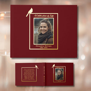 Red Cardinal Bird Real Foil Funeral Guest Book 