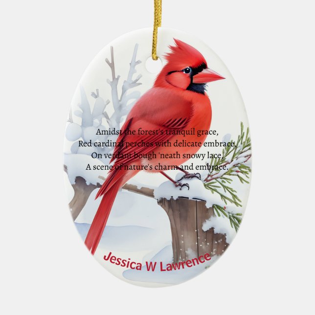 Red Cardinal Bird Sits On A Tree in Snowing Forest Ceramic Ornament (Front)
