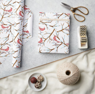 Red Cardinal Bird Snowy Tree Pattern Christmas Wrapping Paper