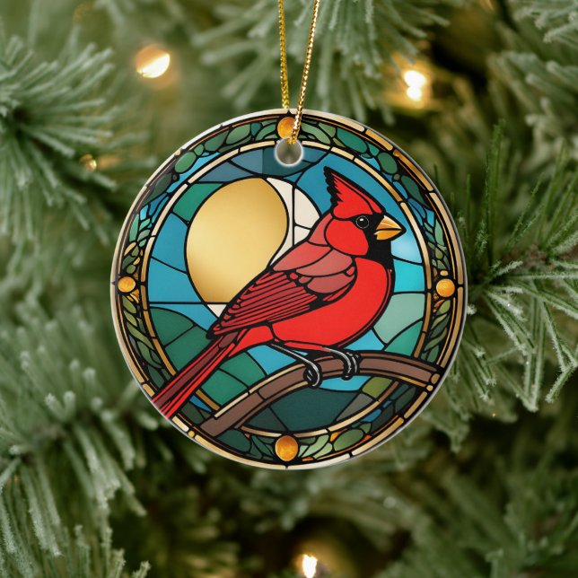Red Cardinal Bird Stained Glass Cardinal Memorial  Ceramic Ornament (Tree)