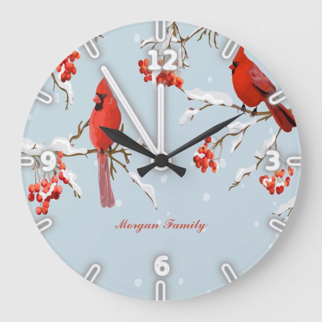 Red Cardinal Bird Tree Snow Christmas Large Clock (Front)