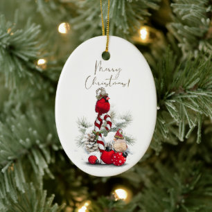 Red Cardinal Bird Watercolor Winter Christmas Ceramic Ornament