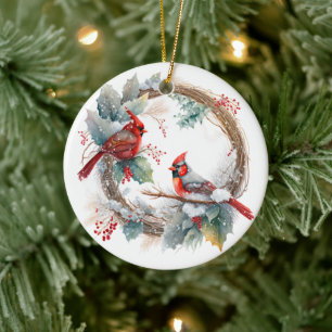 Red Cardinal Bird Watercolor Winter Christmas Ceramic Ornament