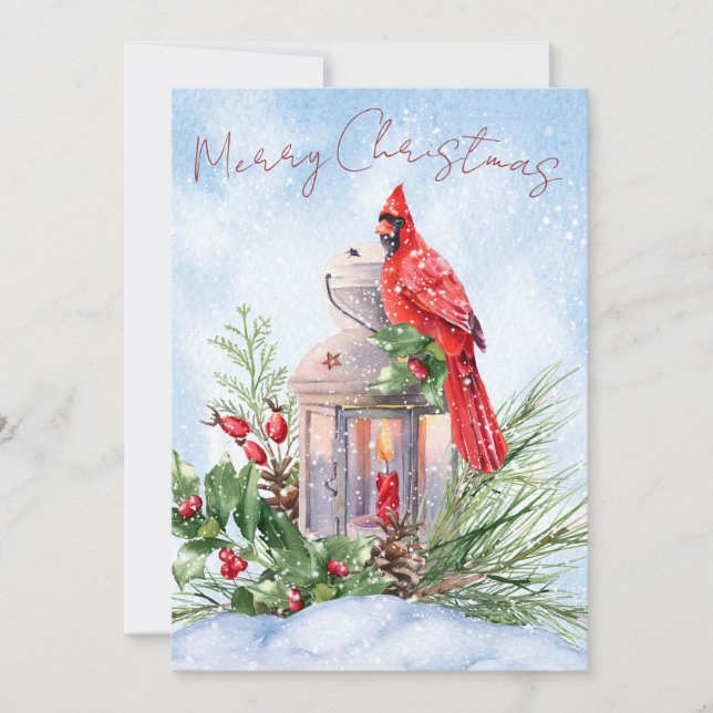 Red Cardinal Bird Watercolor Winter Christmas Holiday Card (Front)