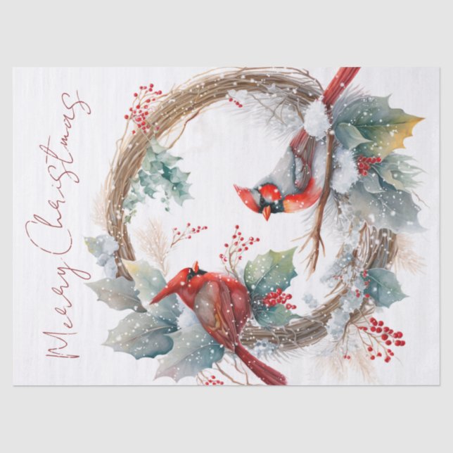 Red Cardinal Bird Watercolor Winter Christmas Tissue Paper (Front)