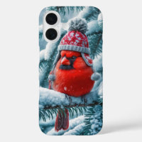 Red Cardinal Bird Wearing Winter Hat