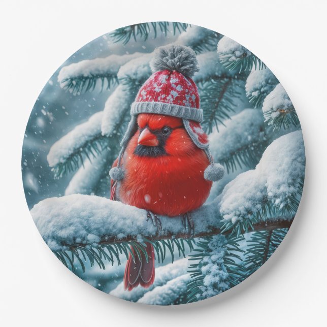 Red Cardinal Bird Wearing Winter Hat Paper Plate (Front)