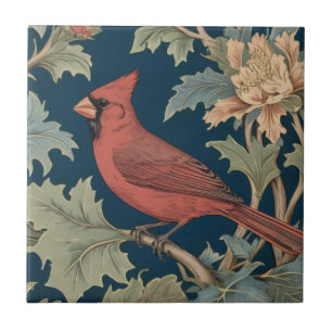 Red Cardinal Bird William Morris style left facing Tile