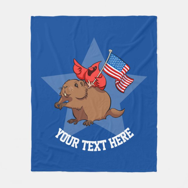Red Cardinal Bird With American Flag On Groundhog Fleece Blanket (Front)