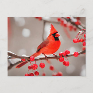 Red Cardinal Bird with Wild Forest Berries  Postcard
