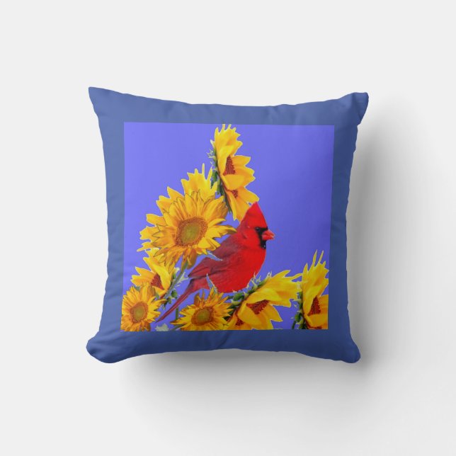 RED CARDINAL BIRD YELLOW SUNFLOWERS ART THROW PILLOW (Front)