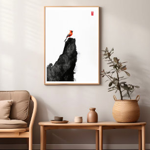 Red Cardinal Bird - Zen Ink Wash Wall Poster