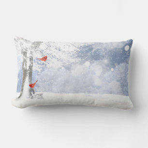 Red Cardinal Birds Christmas snowy Trees Lumbar Pillow
