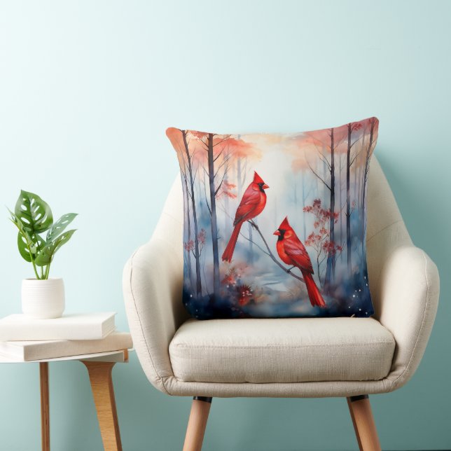 Red Cardinal Birds in a Misty Forest Throw Pillow (Chair)