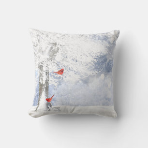Red Cardinal Birds in beautiful snowy Trees Throw Pillow