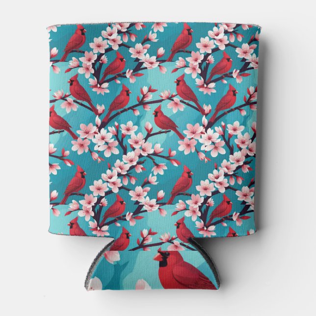 Red Cardinal Birds on Cherry Blossom Branches Can Cooler (Front)