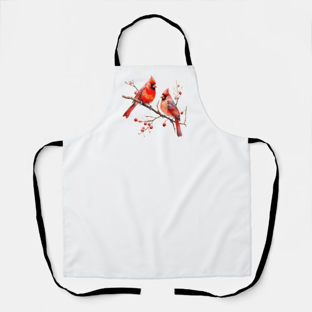 Red Cardinal Birds on Holly Tree Branch Apron (Front)