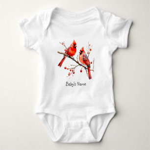 Red Cardinal Birds on Holly Tree Branch Baby Bodysuit