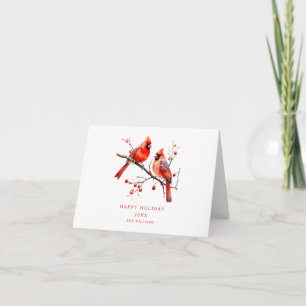 Red Cardinal Birds on Holly Tree Branch Card