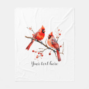 Red Cardinal Birds on Holly Tree Branch Fleece Blanket
