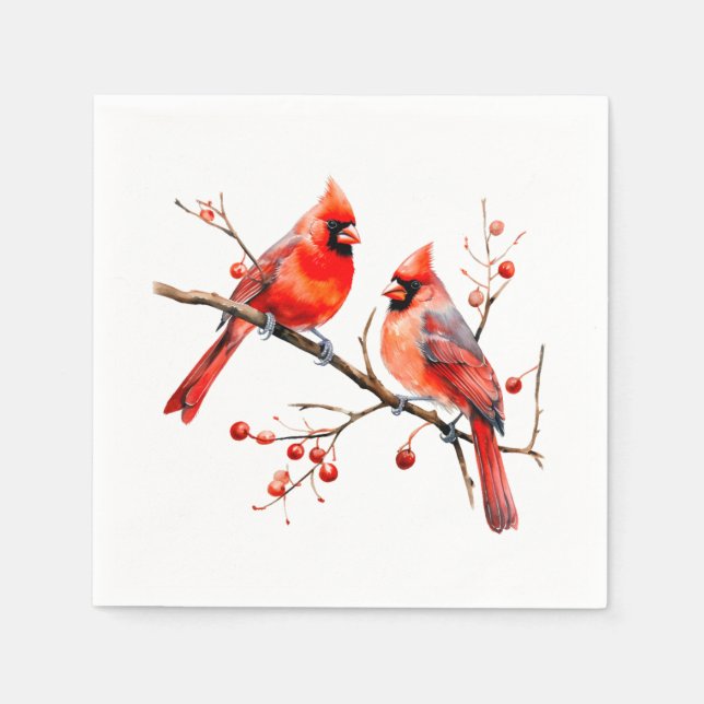 Red Cardinal Birds on Holly Tree Branch Napkin (Front)