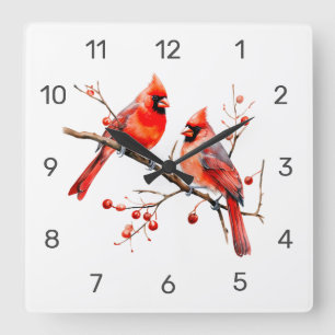 Red Cardinal Birds on Holly Tree Branch Square Wall Clock