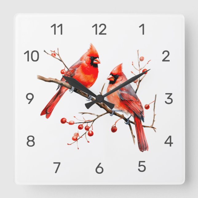 Red Cardinal Birds on Holly Tree Branch Square Wall Clock (Front)