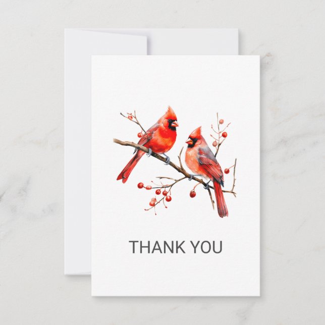 Red Cardinal Birds on Holly Tree Branch Thank You Card (Front)