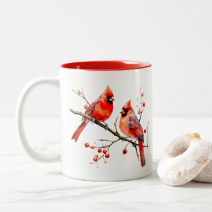 Red Cardinal Birds on Holly Tree Branch Two-Tone Coffee Mug