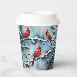 Red Cardinal Birds on Snowy Branches Christmas Paper Cups