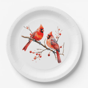 Red Cardinal Birds on Tree Branch Paper Plate