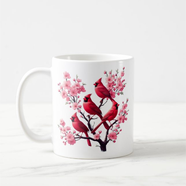 Red Cardinal Birds Pink Cherry Blossom Tree Bird Coffee Mug (Left)