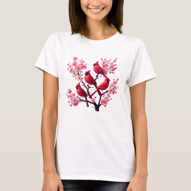 Red Cardinal Birds Pink Cherry Blossom Tree Bird T-Shirt (Front)