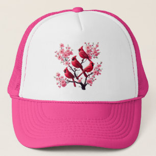 Red Cardinal Birds Pink Cherry Blossom Tree Bird Trucker Hat